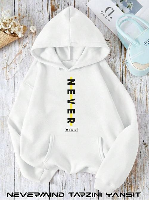 Unisex Nevermind Slogan Düz Baskılı Oversize Baskılı Kapşonlu Sweatshirt 3 Iplik