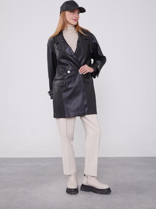 Siyah Kruvaze Yaka Deri Ceket