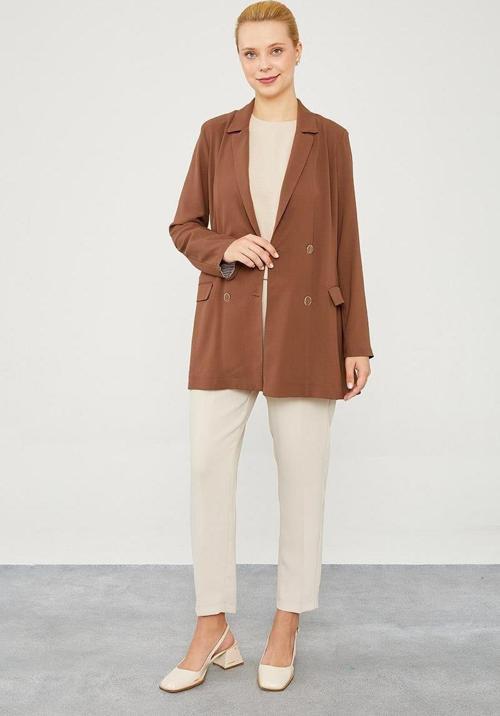 Kahve Astarı Çizgili Blazer Ceket