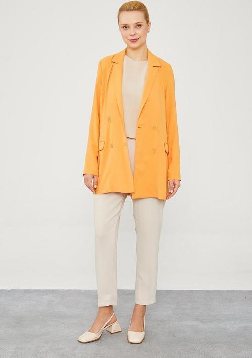 Turuncu Astarı Çizgili Blazer Ceket