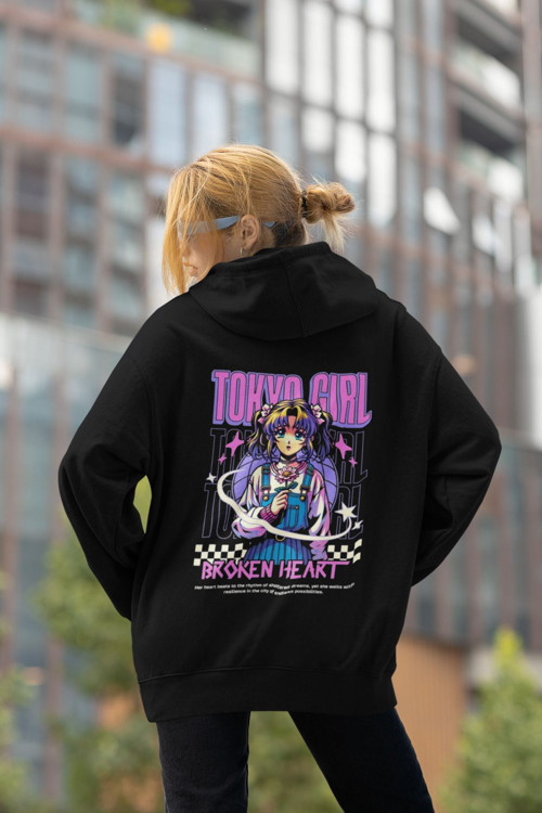 Nevermınd Unisex Tokyo Girl Baskılı Oversize Baskılı Kapşonlu Sweatshirt 3 Iplik