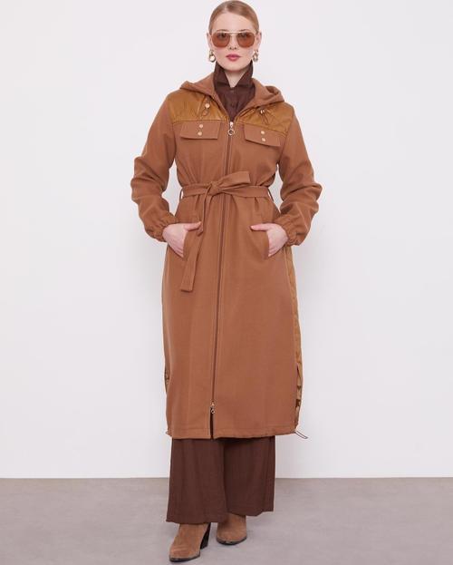 Kahve Belden Bağlamalı Kaipşonlu Kaşe Kaban