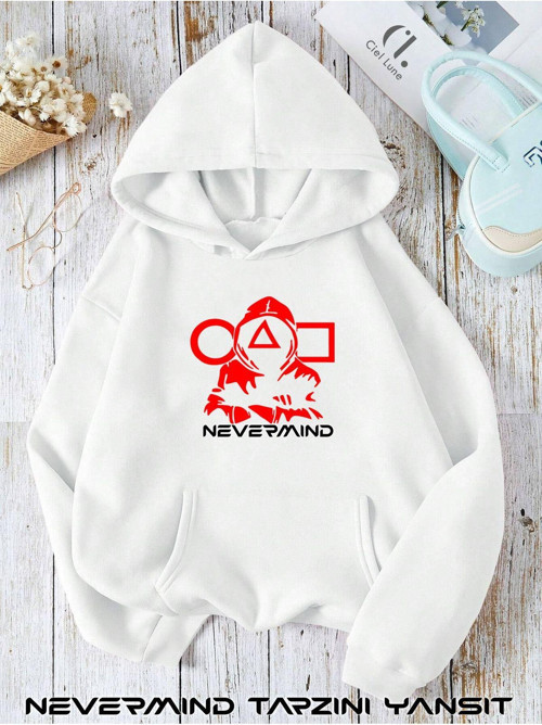 Nevermınd Unisex Squid Baskılı Oversize Baskılı Kapşonlu Sweatshirt 3 Iplik