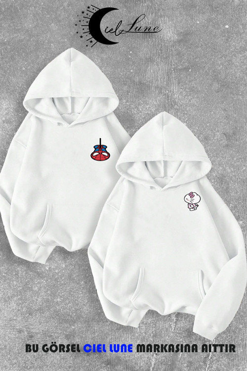 Nevermınd Sevgili Çift Kombin Hello Kitty Spiderman Göğüs Baskılı Renk Kapüşonlu Sweatshirt 2Li Set Takım