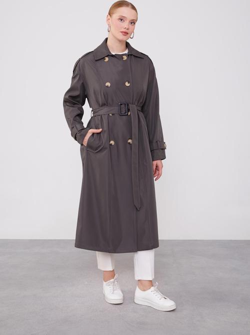 Antrasit Düğme Kapamalı Trençkot