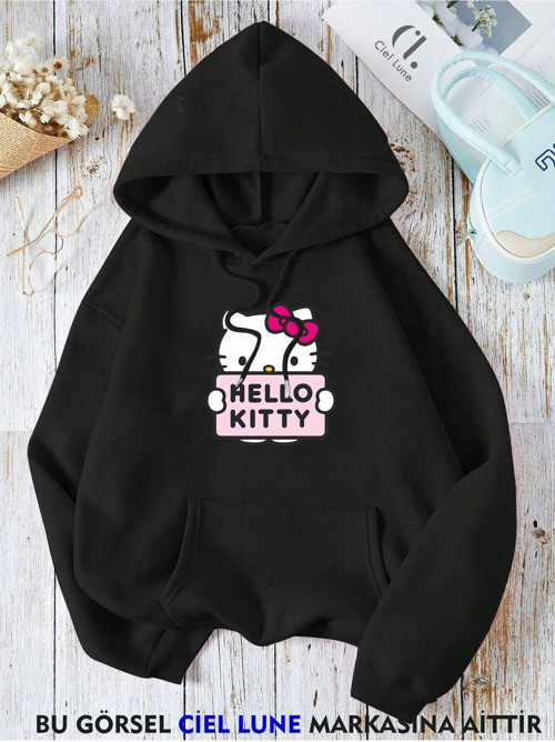 Nevermınd Unisex Hello Kitty Baskılı Oversize Baskılı Kapşonlu Sweatshirt 3 Iplik