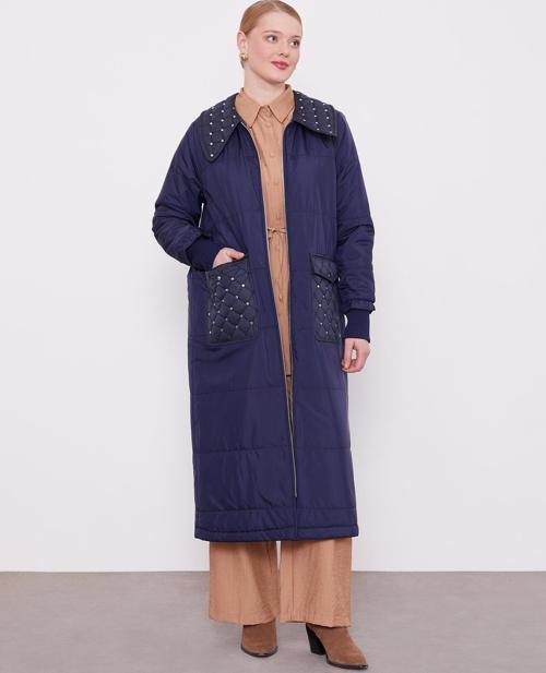 Lacivert Kapitone Cep Detaylı Mont
