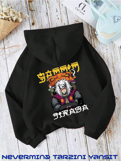 Nevermınd Unisex Samuray Baskılı Oversize Baskılı Kapşonlu Sweatshirt 3 Iplik