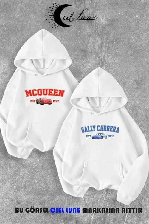 Sevgili Çift Kombin Mcqueen Ve Sally Yarış Baskılı Kapüşonlu Sweatshirt 2Li Set Takım