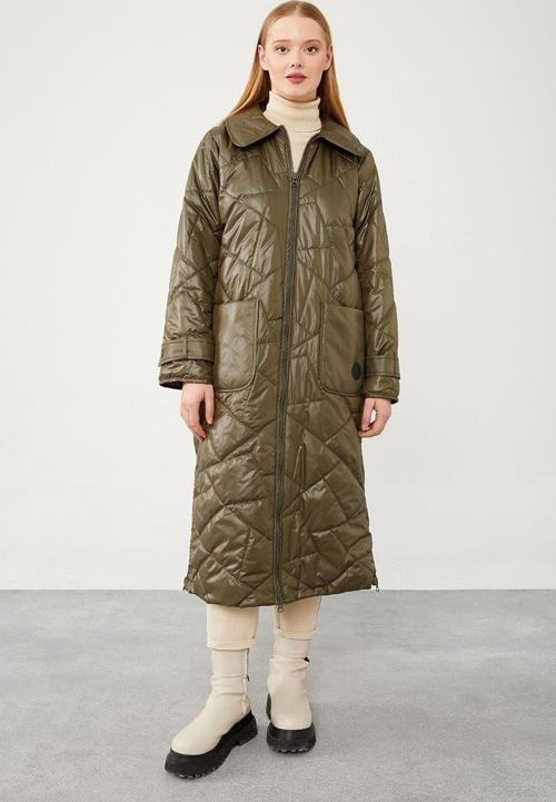 Haki Geniş Yaka Kapitone Mont