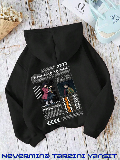Nevermınd Unisex Tomioka Giyuu Baskılı Oversize Baskılı Kapşonlu Sweatshirt 3 Iplik