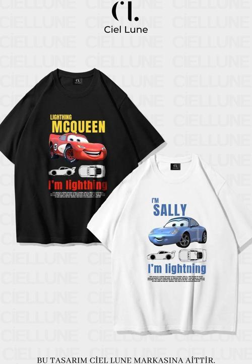 Unisex Kadın Erkek Şimşek Mcqueen Ve Sally Baskılı Sevgili Çift Kombini Tasarım Oversize Tshirt 2'Li