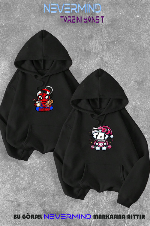 Nevermınd Sevgili Çift Kombini Spiderman&Hello Kitty Baskılı Kapüşonlu Sweatshirt 2Li Set Takım