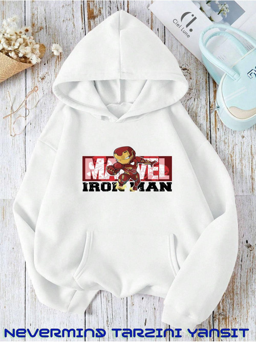 Nevermınd Unisex İron-Man Ön Baskılı Oversize Baskılı Kapşonlu Sweatshirt 3 Iplik