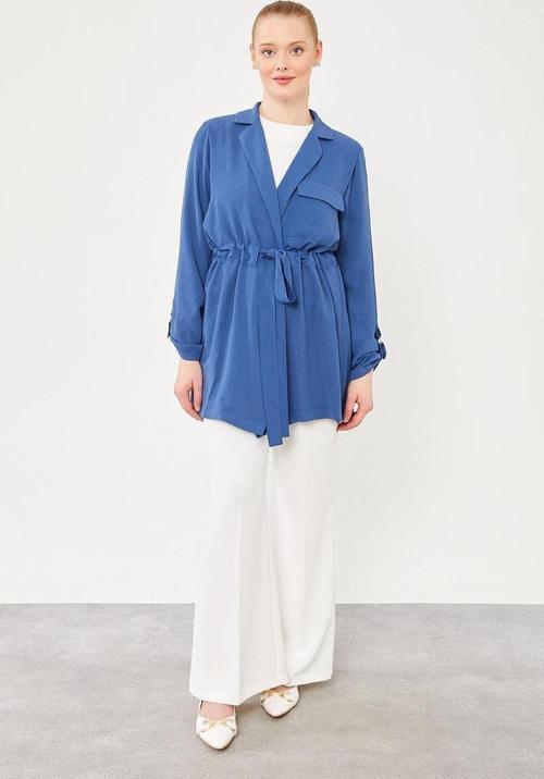 İndigo Kendinden Kemer Bağlamalı Ceket