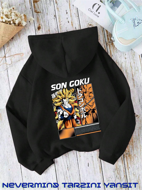Nevermınd Unisex Goku Sırt Baskılı Oversize Baskılı Kapşonlu Sweatshirt 3 Iplik