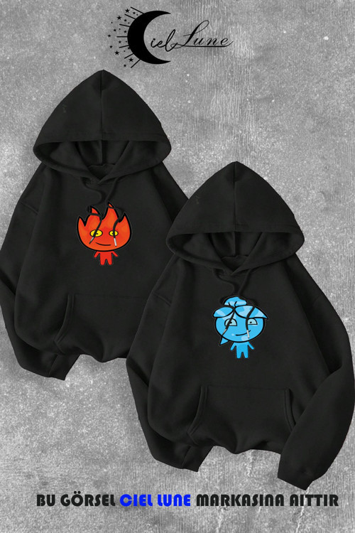 Nevermınd Sevgili Çift Kombini Su Ve Ateş Baskılı Kapüşonlu Sweatshirt 2Li Set Takım 3 İplik