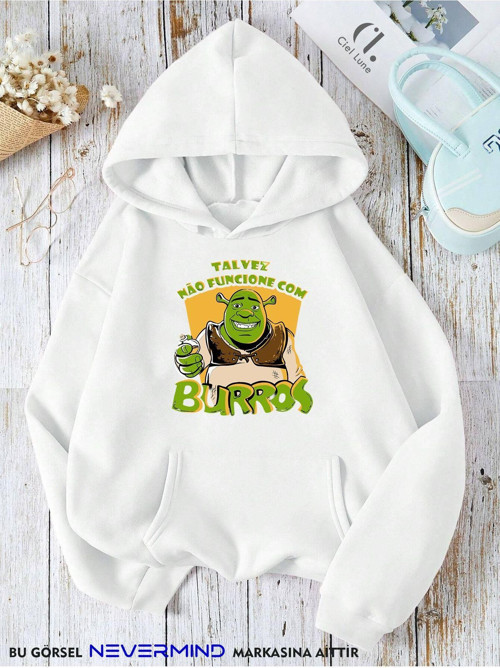 Nevermınd Unisex Shrek Burros Baskılı Oversize Baskılı Kapşonlu Sweatshirt 3 Iplik