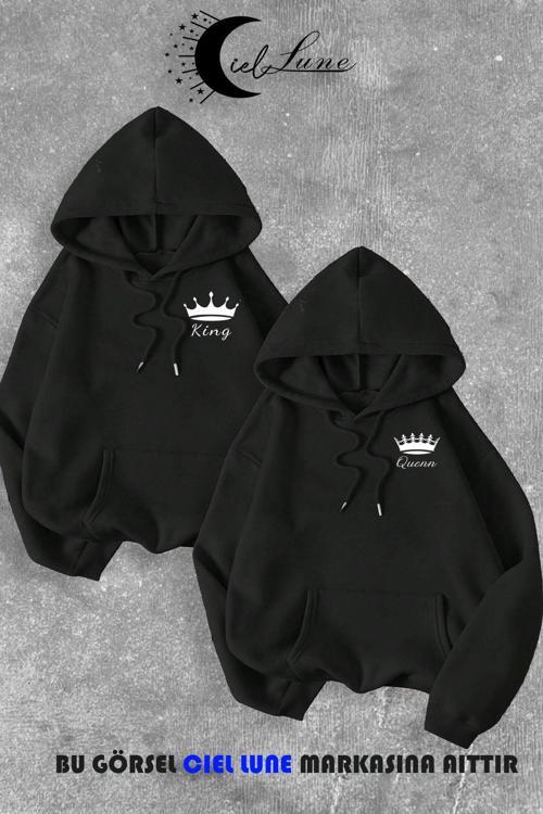 Sevgili Çift Kombin King And Queen Baskılı Özel Tasarım Kapüşonlu Sweatshirt 2Li Set Takım