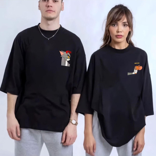 Nevermınd Unisex Kadın Erkek Tom Ve Jerry Melek Baskılı Sevgili Çift Kombini Tasarım Oversize T-Shirt 2'Li Set