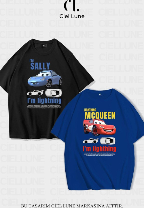 Nevermınd Unisex Kadın Erkek Şimşek Mcqueen Ve Sally Baskılı Sevgili Çift Kombini Tasarım Oversize Tshirt 2'Li