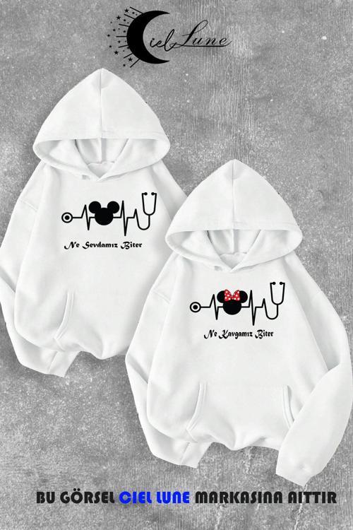 Sevgili Çift Kombini Ne Kavgamız Biter Ne Sevdamız Baskılı Kapüşonlu Sweatshirt 2Li Set Takım