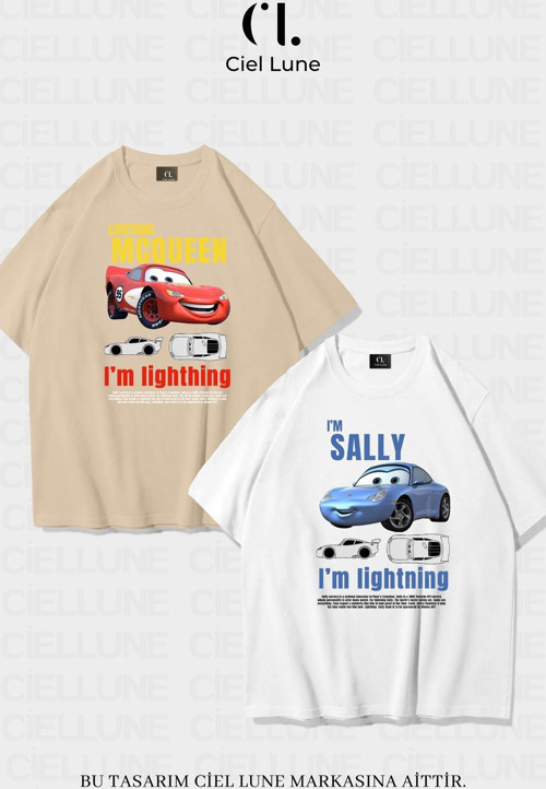 Nevermınd Unisex Kadın Erkek Şimşek Mcqueen Ve Sally Baskılı Sevgili Çift Kombini Tasarım Oversize Tshirt 2'Li