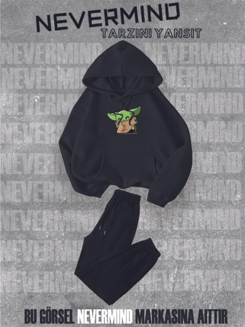 Nevermınd Eşofman Takımı Sweatshirt Jogger - Oversize Pamuk Baby Yoda Baskılı Sweatshirt-Jogger Alt