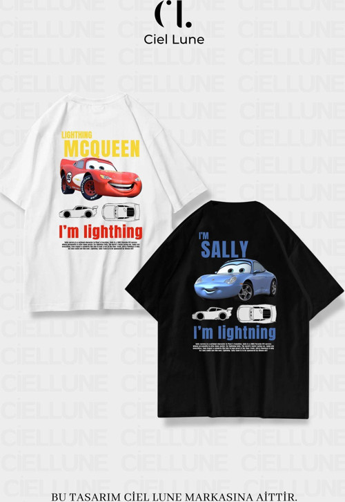 Nevermınd Unisex Kadın Erkek Şimşek Mcqueen Ve Sally Baskılı Sevgili Çift Kombini Tasarım Oversize Tshirt 2'Li