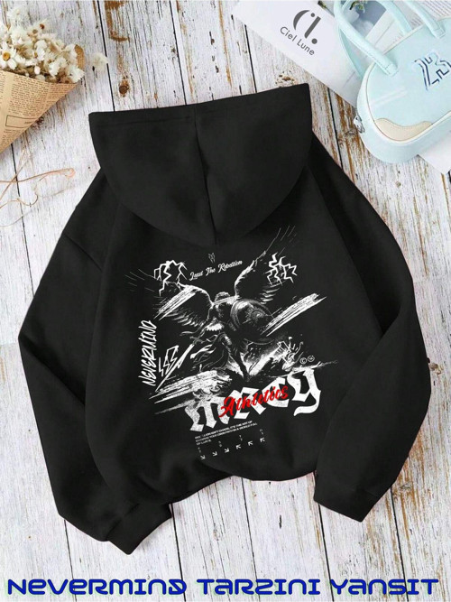 Nevermınd Unisex Rebel Atletic Koleksiyonu Baskılı Oversize Baskılı Kapşonlu Sweatshirt 3 Iplik