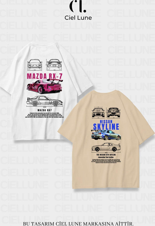 Nevermınd Unisex Hızlı Ve Öfkeli Skyline & Mazdarx7 Sırt Baskılı Sevgili Çift Kombini Tasarım Oversize T-Shirt