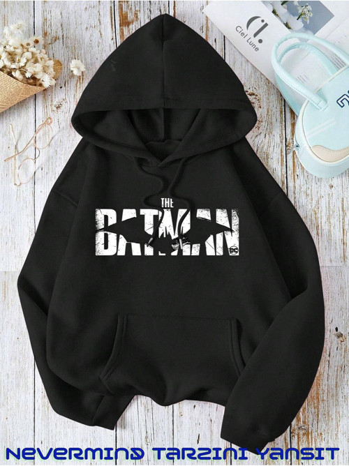Nevermınd Unisex Batman Ön Baskılı Oversize Baskılı Kapşonlu Sweatshirt 3 Iplik