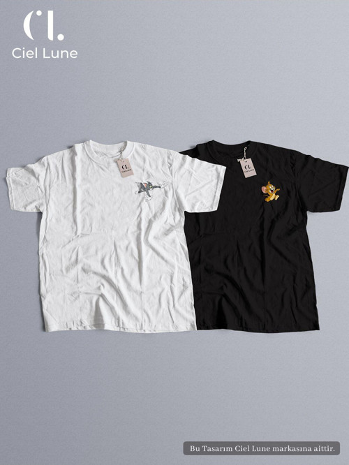 Nevermınd Unisex Kadın Erkek Tom Ve Jerry Baskılı Sevgili Çift Kombini Tasarım Oversize Tshirt 2Li Takım