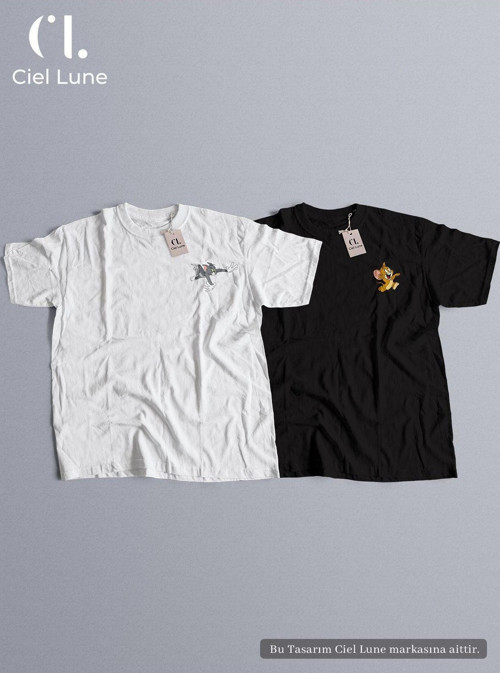 Nevermınd Unisex Kadın Erkek Tom Ve Jerry Baskılı Sevgili Çift Kombini Tasarım Oversize Tshirt 2Li Takım