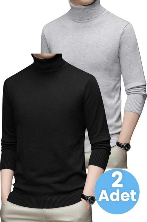 2'Li  Erkek Tüylenmeyen Boğazlı Triko Kazak Balıkçı Triko Kazak Gri - Siyah XL