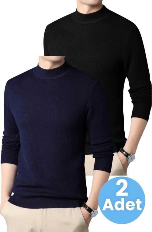2'Li  Erkek Tüylenmeyen Yarım Boğazlı Triko Kazak Yarım Balıkçı Triko Kazak Lacivert - Siyah 2XL