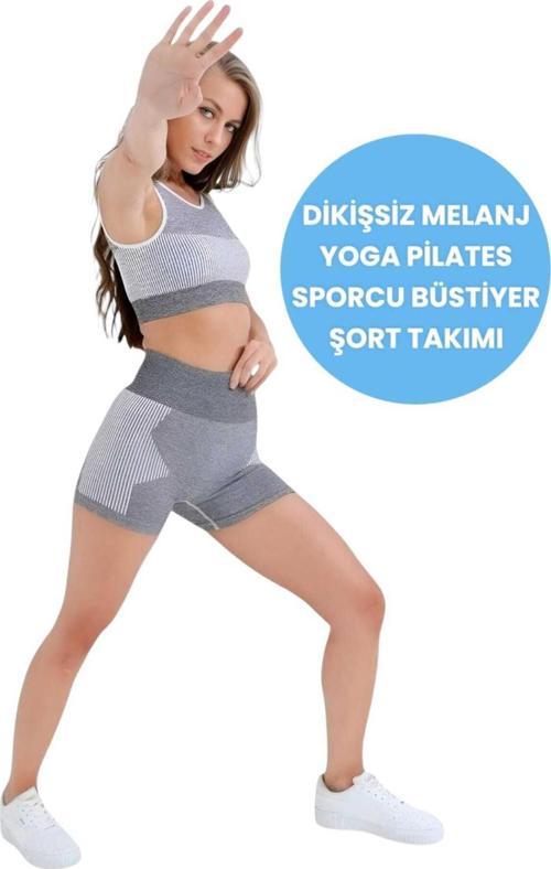 Kadın Dikişsiz Melanjlı Fitness Yoga Pilates Sporcu Büstiyer Şort Takımı Beyaz XS-S