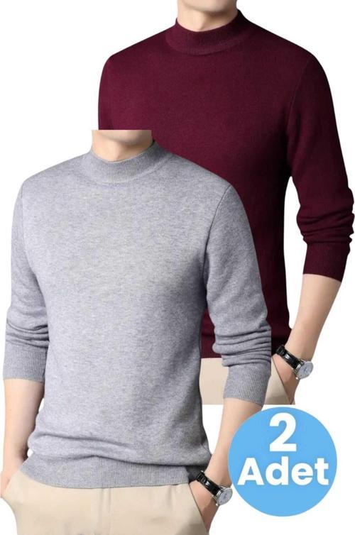 2'Li  Erkek Tüylenmeyen Yarım Boğazlı Triko Kazak Yarım Balıkçı Triko Kazak Gri - Bordo L