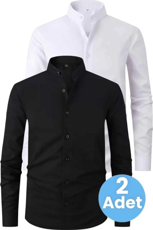 2'Li  Hakim Yaka  Slim Fit  Nefes Alan Kolay Ütülenen Dört Mevsim Erkek Gömlek Siyah - Beyaz XL