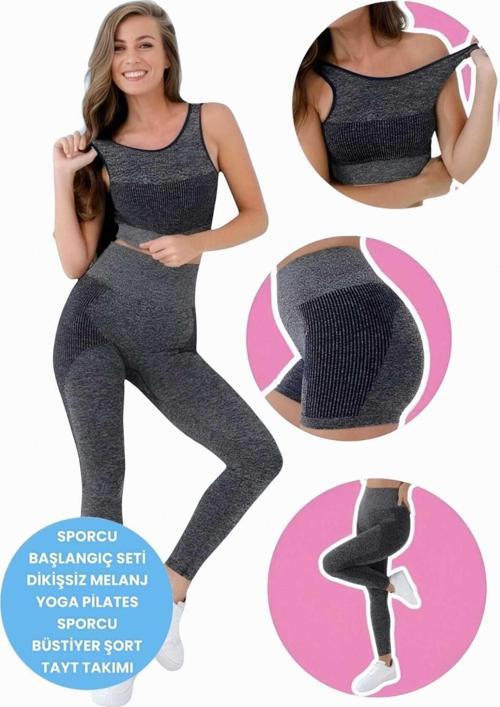 Kadın Dikişsiz Melanjlı Fitness Yoga Pilates Sporcu Büstiyer Şort Tayt Takımı 3'Lü Set Lacivert M-L