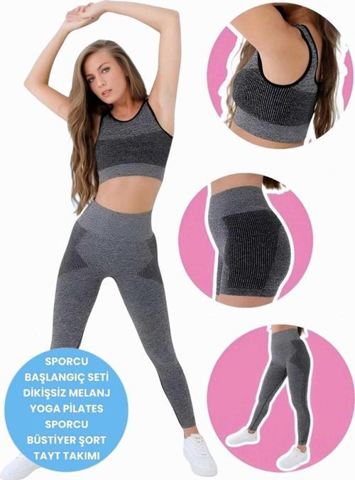 Kadın Dikişsiz Melanjlı Fitness Yoga Pilates Sporcu Büstiyer Şort Tayt Takımı 3'Lü Set Siyah M-L