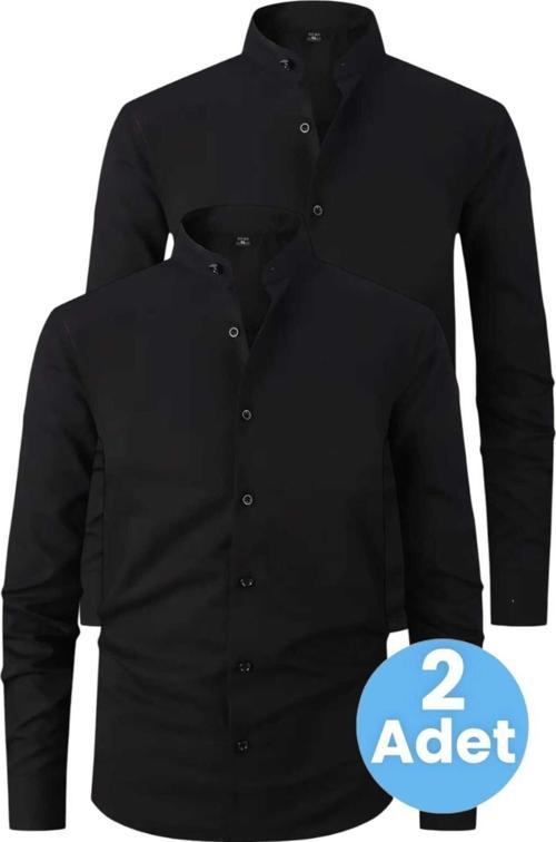 2'Li  Hakim Yaka  Slim Fit  Nefes Alan Kolay Ütülenen Dört Mevsim Erkek Gömlek Siyah - Siyah XL