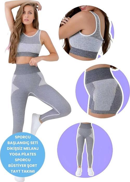 Kadın Dikişsiz Melanjlı Fitness Yoga Pilates Sporcu Büstiyer Şort Tayt Takımı 3'Lü Set Beyaz XS-S