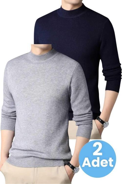 2'Li  Erkek Tüylenmeyen Yarım Boğazlı Triko Kazak Yarım Balıkçı Triko Kazak Gri - Lacivert L
