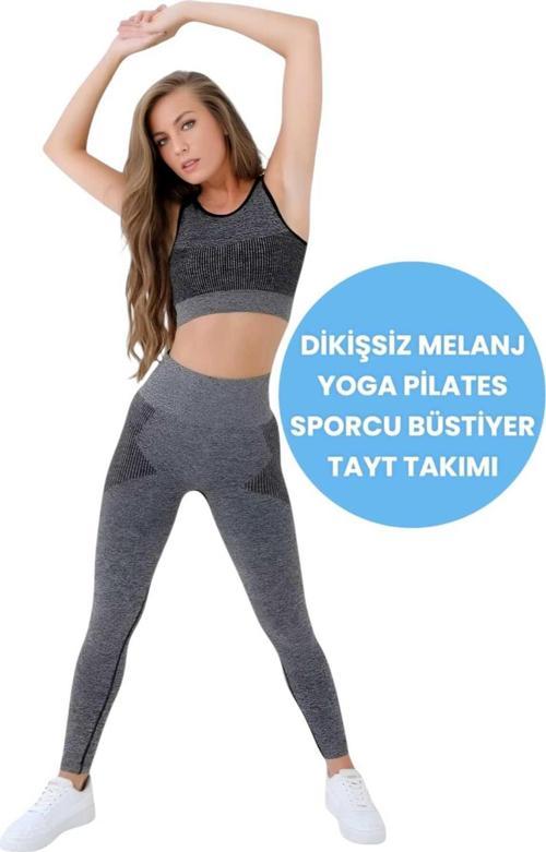 Kadın Dikişsiz Melanjlı Fitness Yoga Pilates Sporcu Büstiyer Tayt Takımı Siyah M-L