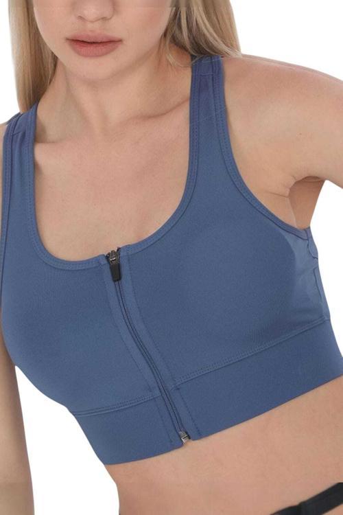 Kadın Büstiyer Kadın Fermuarlı Sporcu Crop İndigo S-M