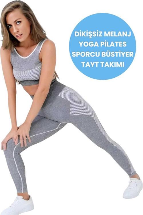 Kadın Dikişsiz Melanjlı Fitness Yoga Pilates Sporcu Büstiyer Tayt Takımı Beyaz XS-S