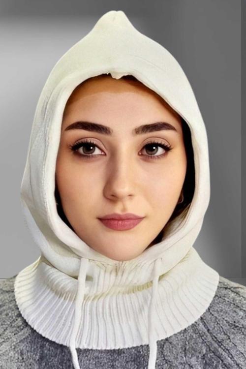 Balaclava Fitilli Triko Örgü Bere Başlık Kırık Beyaz