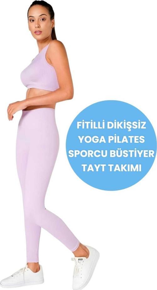 Kadın Fitilli Seamless/Dikişsiz Fitness Yoga Pilates Sporcu Büstiyer Tayt Takımı Lila M-L