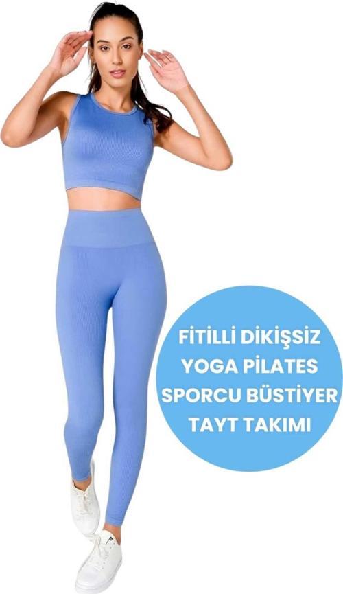 Kadın Fitilli Seamless/Dikişsiz Fitness Yoga Pilates Sporcu Büstiyer Tayt Takımı Bebe Mavisi XS-S